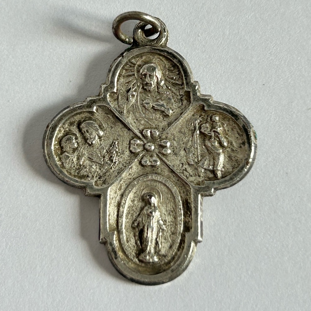 Vintage Sterling Silver Catholic 4-Way Religious Cross Pendant Medal